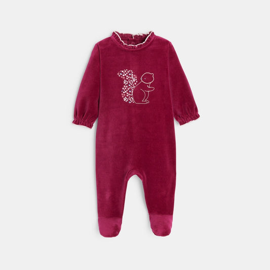 Velvet pyjama jumpsuit with pink squirrel baby girl