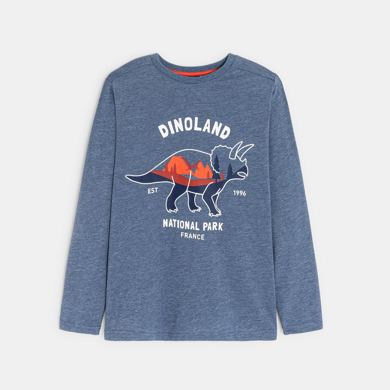 Blue long-sleeved T-shirt with dinosaur motif for kids