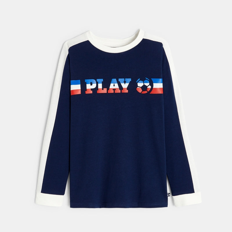 Blue long-sleeved children's soccer-themed T-shirt