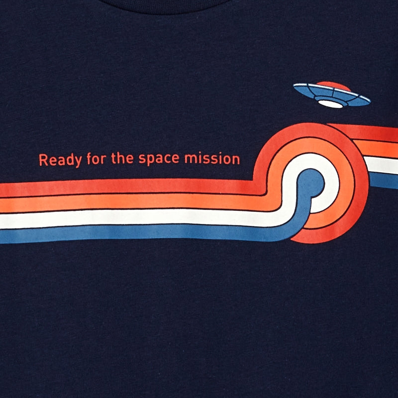 Blue long-sleeved children's space themed T-shirt