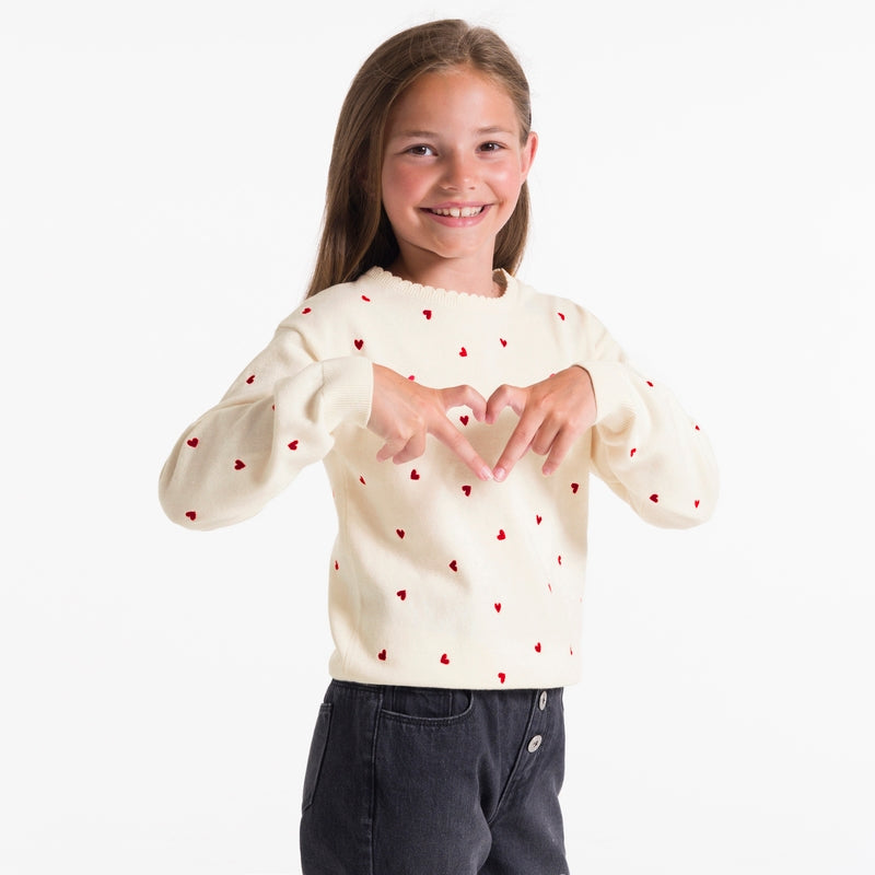 Girl's sweater with ecru heart motifs