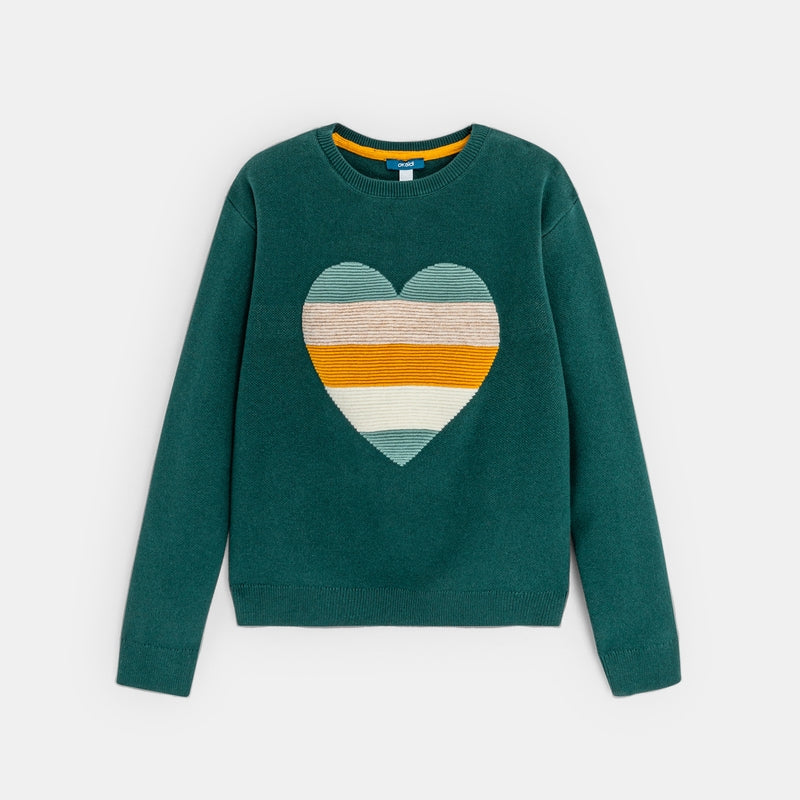 Green sweater with girl's heart pattern