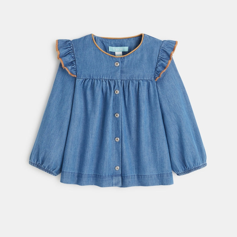 Denim blouse with ruffles for girls